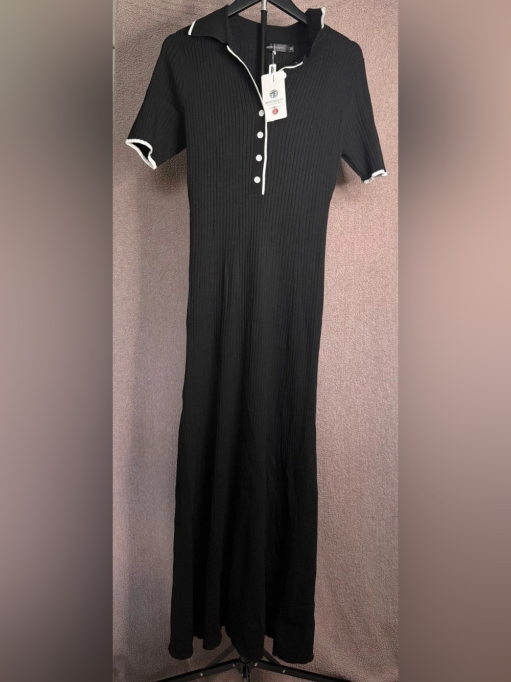 MEROKEETY Women's Summer Ribbed Knit V-Neck Midi Dress Black & White Medium